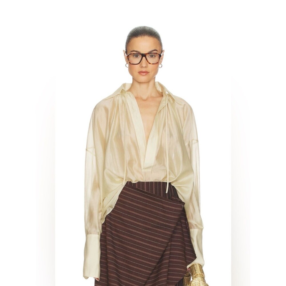 NWOT HELSA The Poet Blouse in Celadon Tie-Neck Sheer Blouse in Pale Yellow